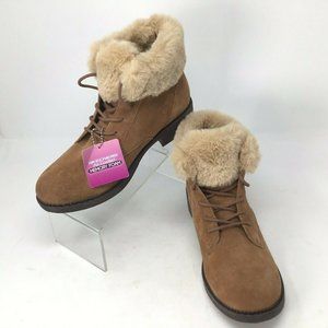 Skechers NIB Elm Cold Day Boots Booties Women's Size 8.5 Brown Faux Fur Lace Up